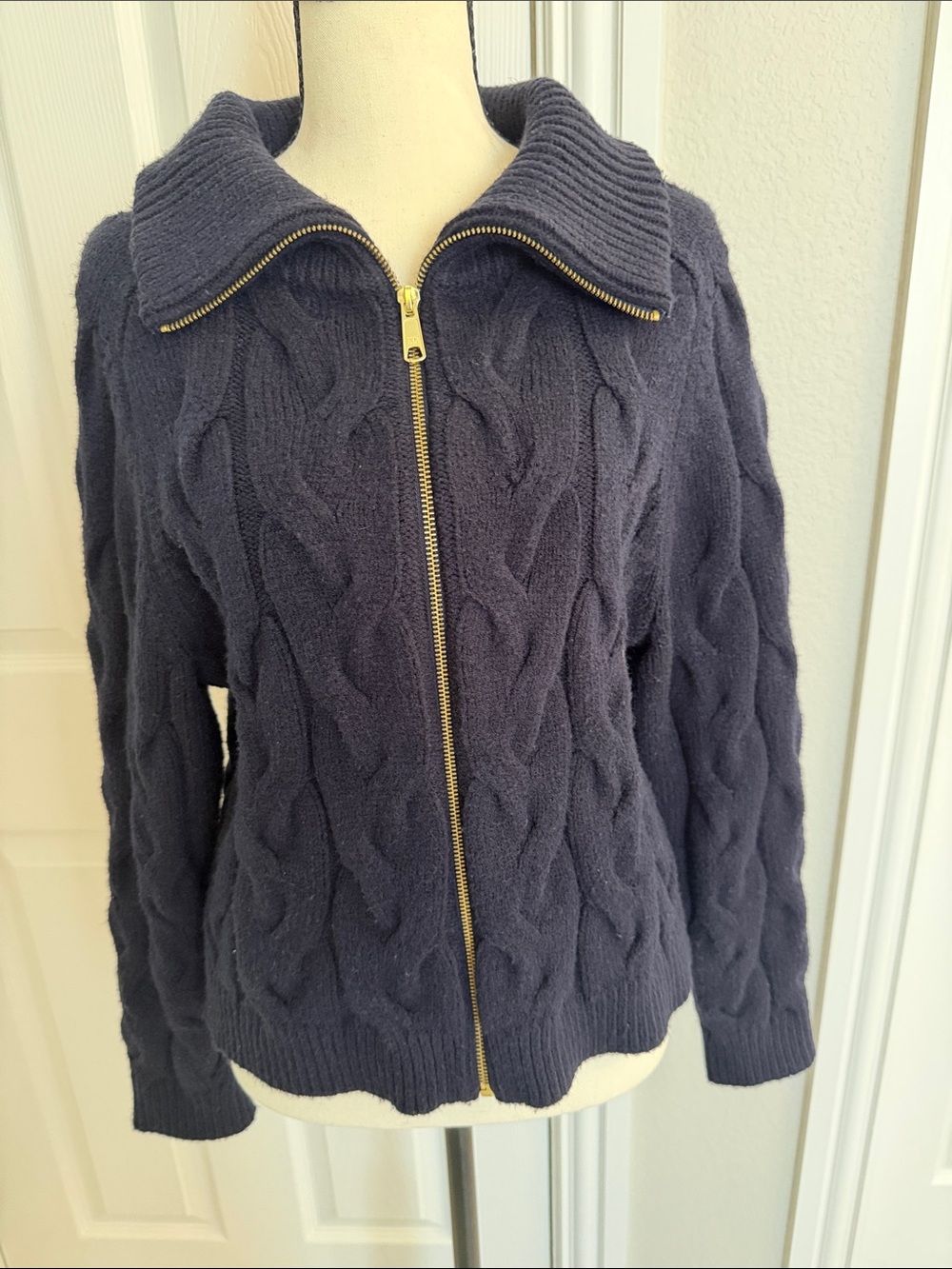 Talbots Navy Cable-Knit Zip Front Cardigan